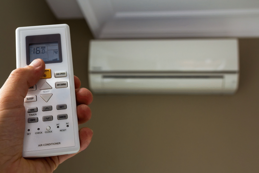 Close-up of a hand holding a remote control for a ductless mini split air conditioner.