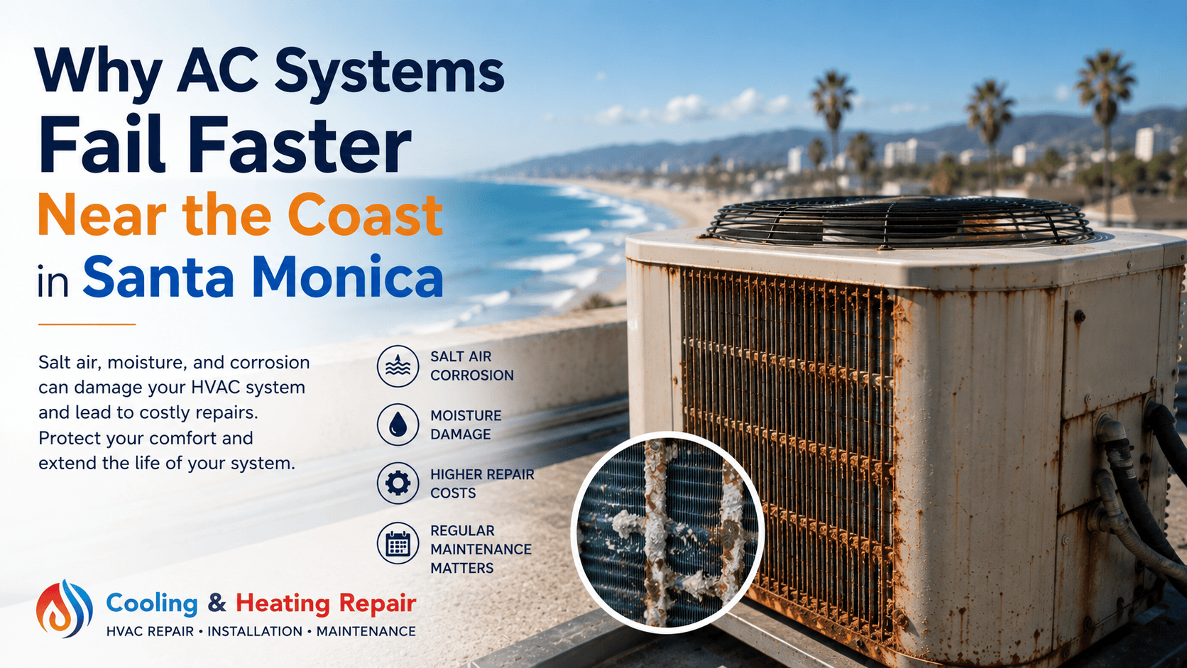 Rusty outdoor AC unit damaged by coastal salt air in Santa Monica with Cooling & Heating Repair HVAC service branding