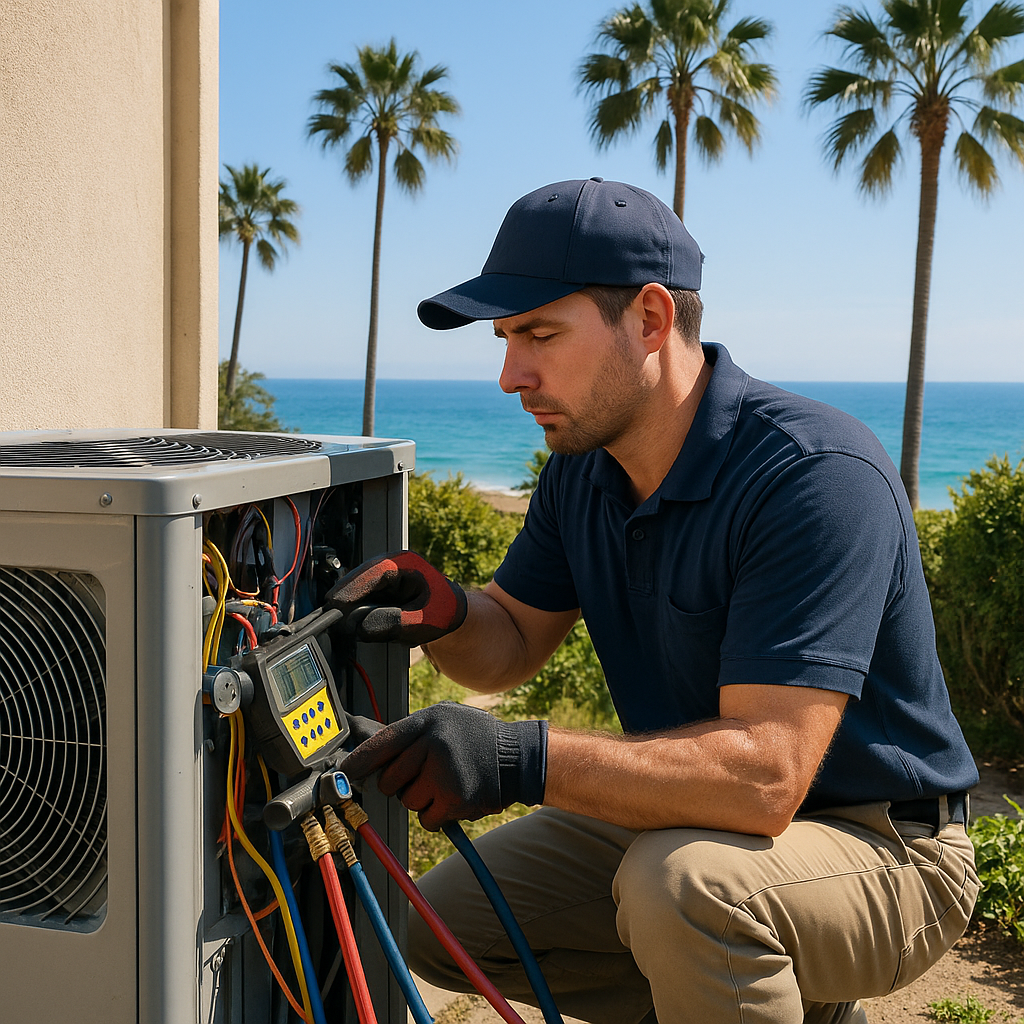 HVAC technician performing AC repair on a coastal home in Santa Monica, California